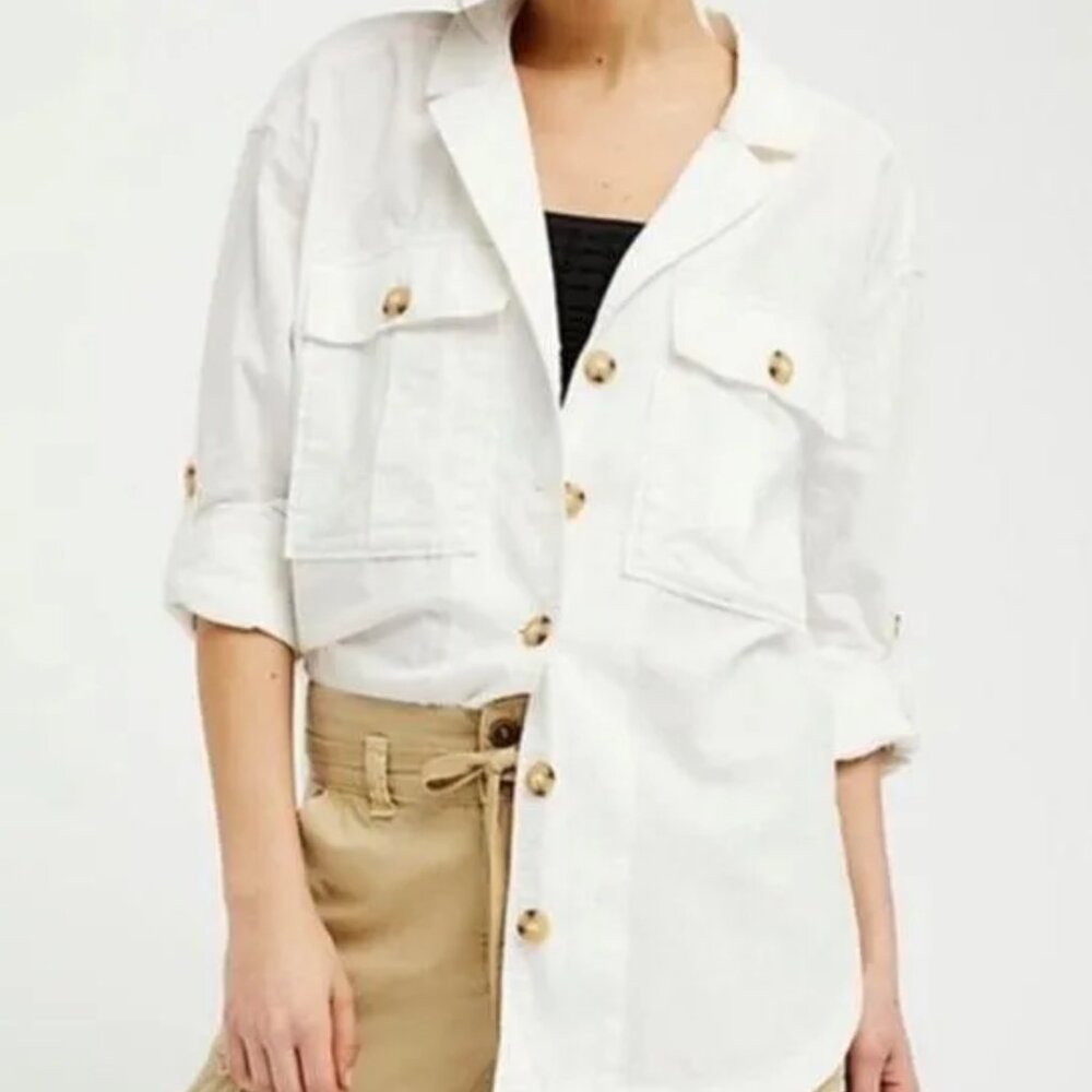 Free People Sunshine In My Pockets Linen Blend Ivory Shacket